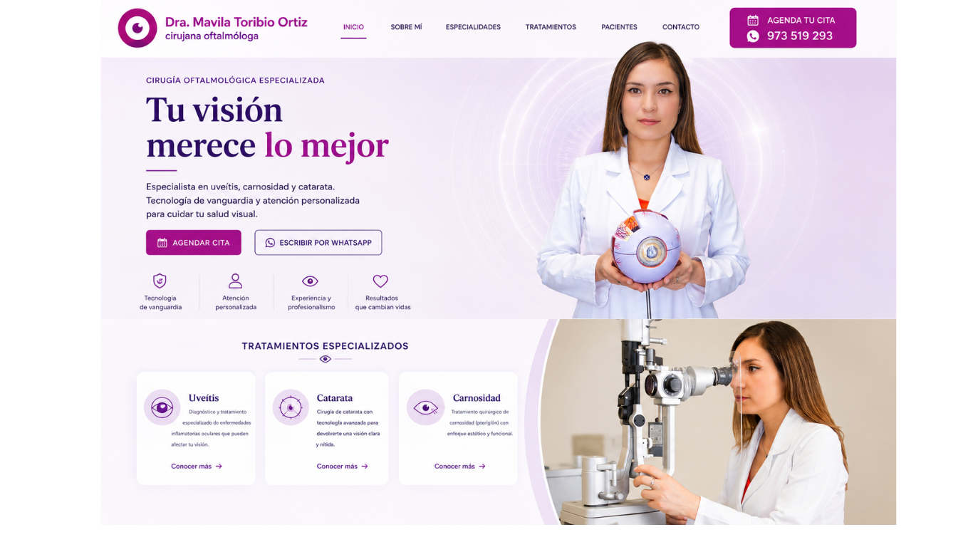 La doctora junto a un equipo de evaluación oftalmológica, imagen de la referencia proporcionada